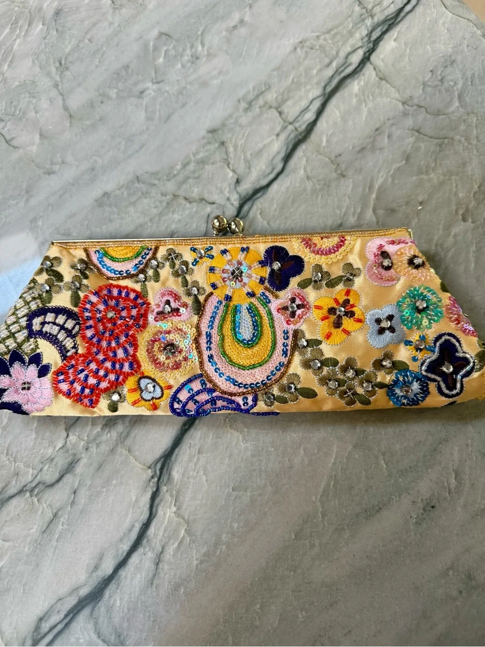 ANTHROPOLOGIE Embroidered Floral Beaded Clutch - Yellow